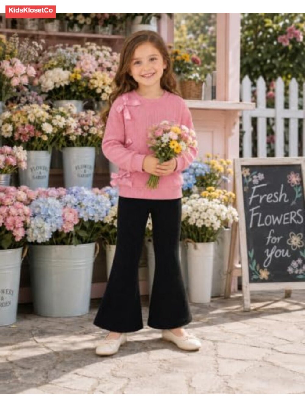 Girls Ribbed 2-Piece Set Fall Winter Outfit Bell Bottoms 3-8Y - Picture 4 of 6